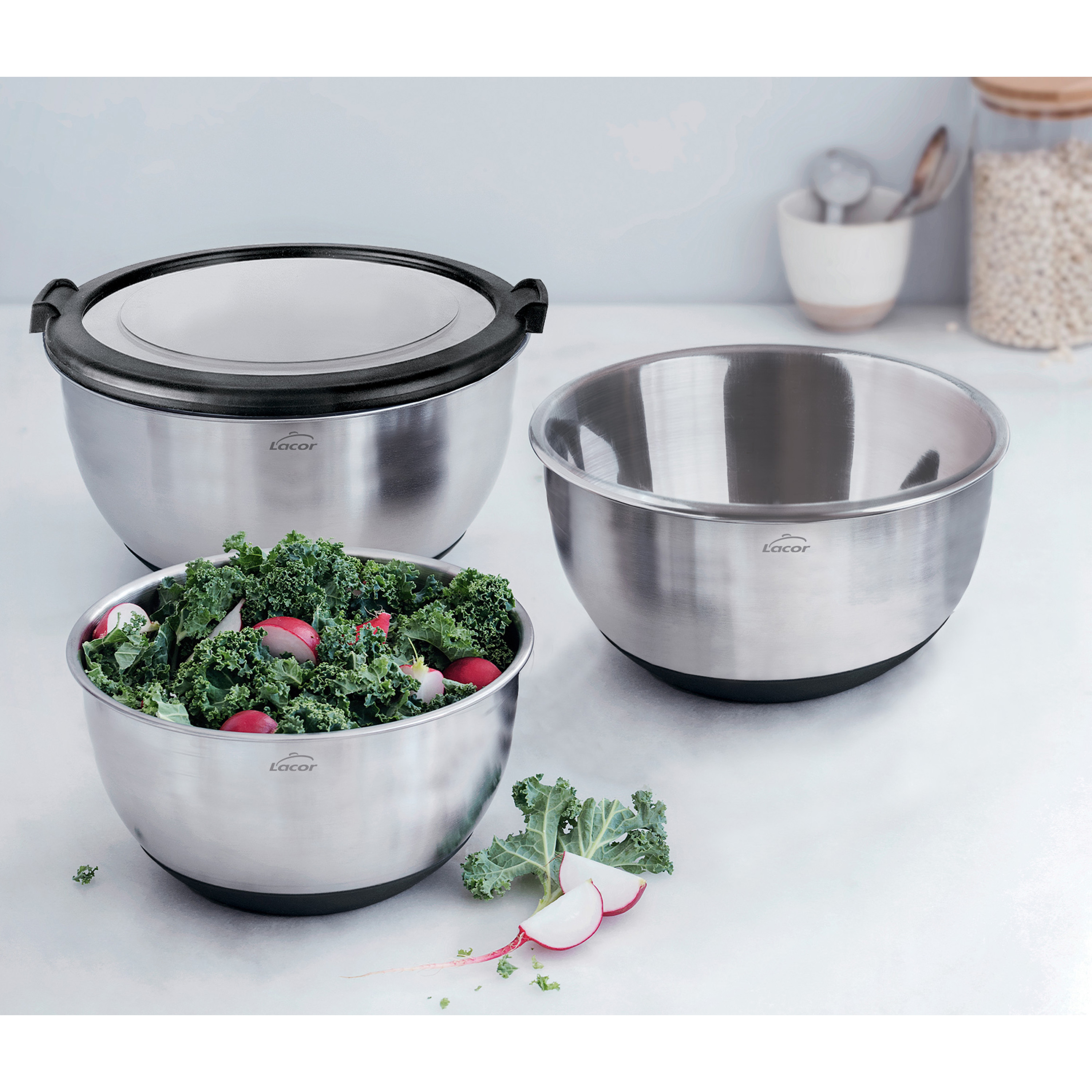 Ensemble de 3 bols en inox avec couvercle transparent