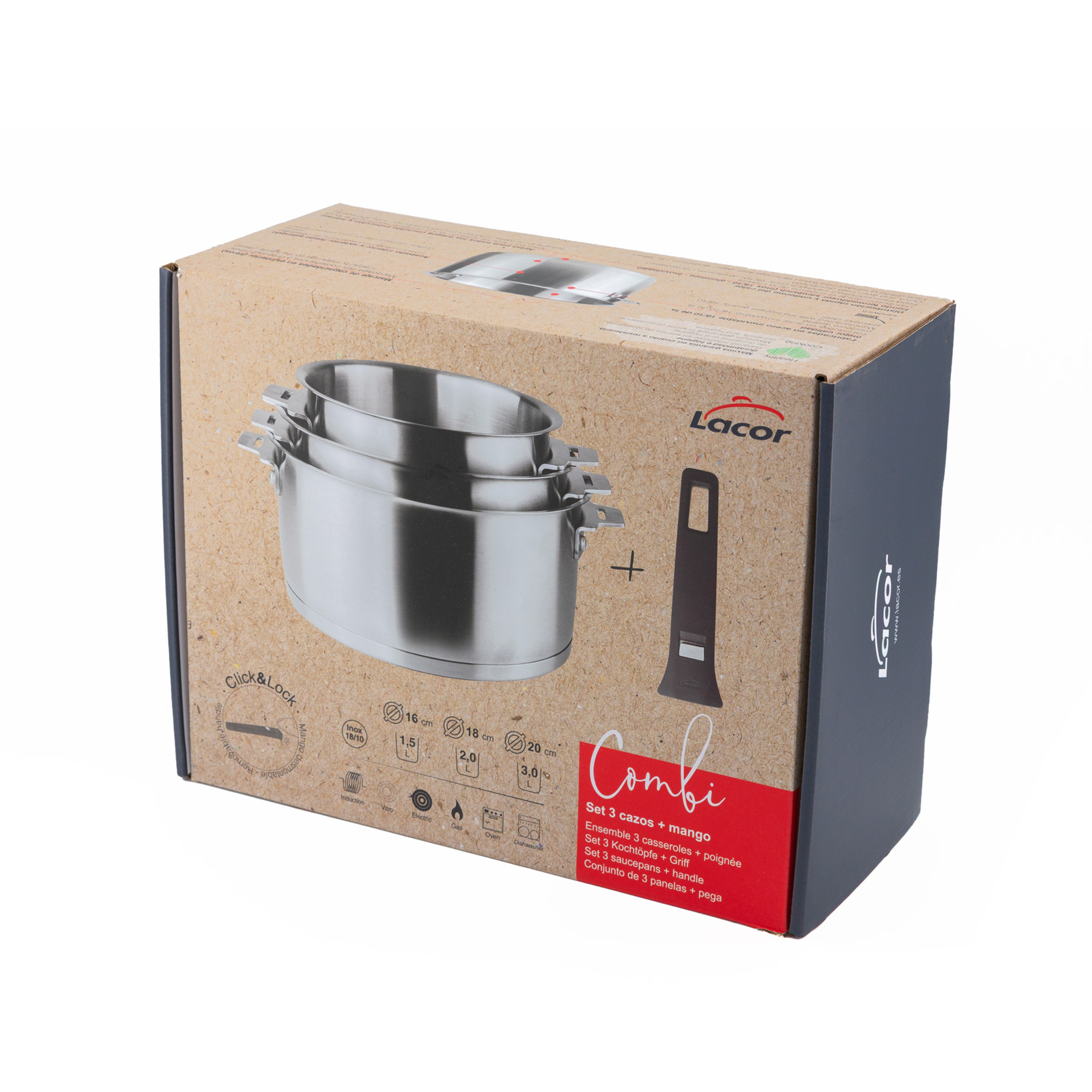SET 3 CASSEROLES INOX AVEC POIGNEE AMOVIBLE - COMBI
