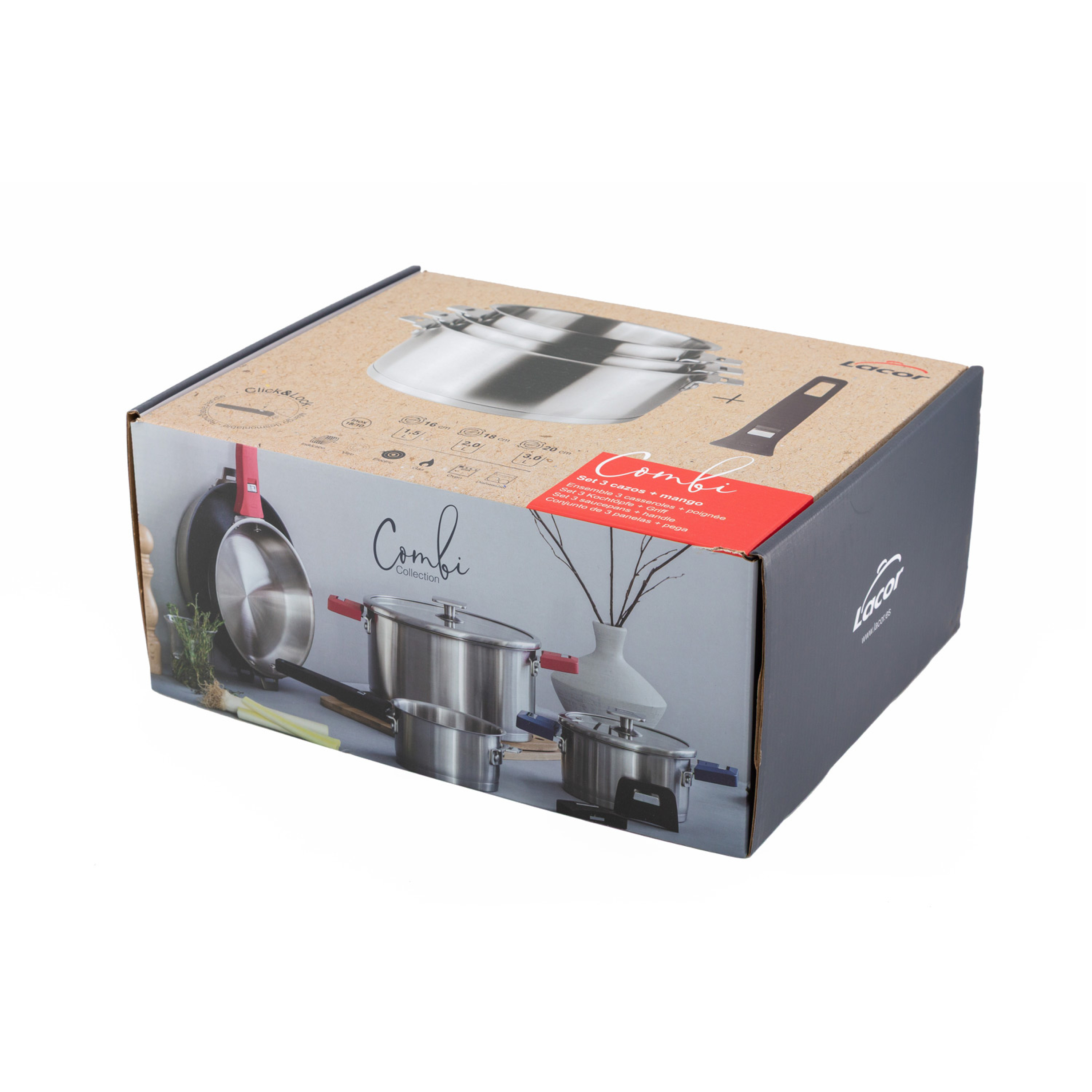 SET 3 CASSEROLES INOX AVEC POIGNEE AMOVIBLE - COMBI