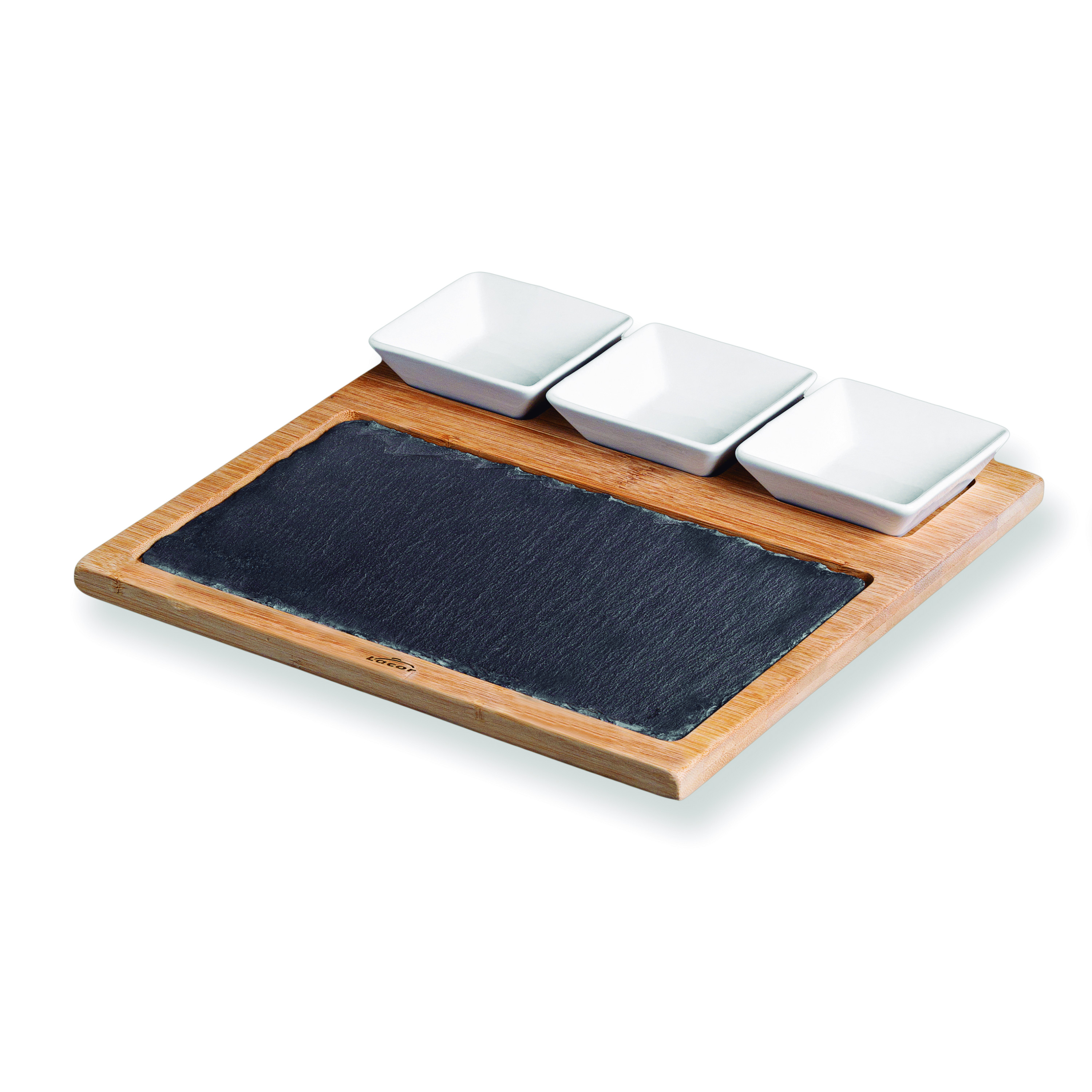 PLANCHE EN ARDOISE ET BAMBOU AVEC 3 SOUCOUPES