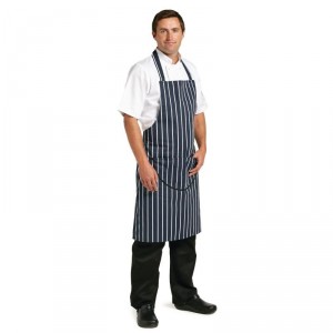 Tablier bavette avec pochette rayé bleu marine / blanc - CHEFWORKS