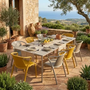 Salon de jardin table meet + 8 fauteuils Fado empilables - Ezpeleta