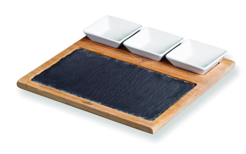 PLANCHE EN ARDOISE ET BAMBOU AVEC 3 SOUCOUPES - LACOR